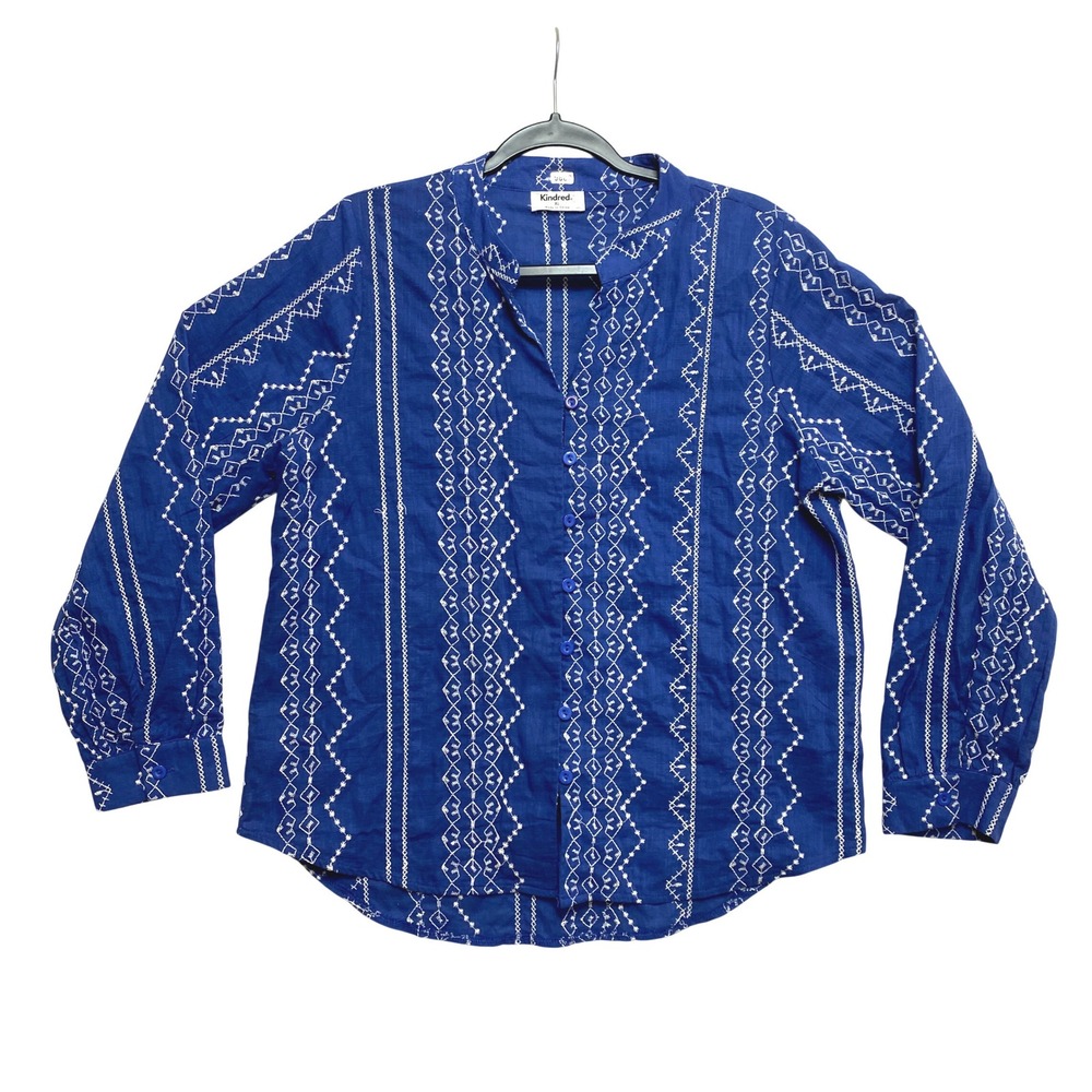 Kindred Shirt Blouse Womens XL Blue White Geometric Embroidered Cotton Button Up